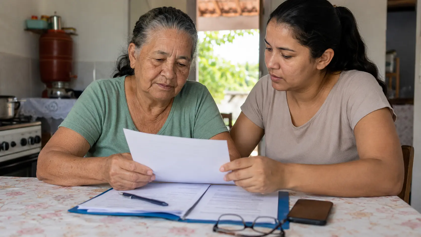 Mulher idosa e familiar analisam documentos e formulários em casa, em cena que representa a organização do pedido de BPC/LOAS e a conferência de informações para o benefício.