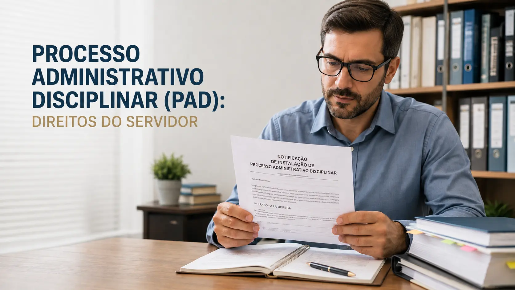 Servidor público analisa notificação de Processo Administrativo Disciplinar (PAD) e documentos para preparação da defesa.