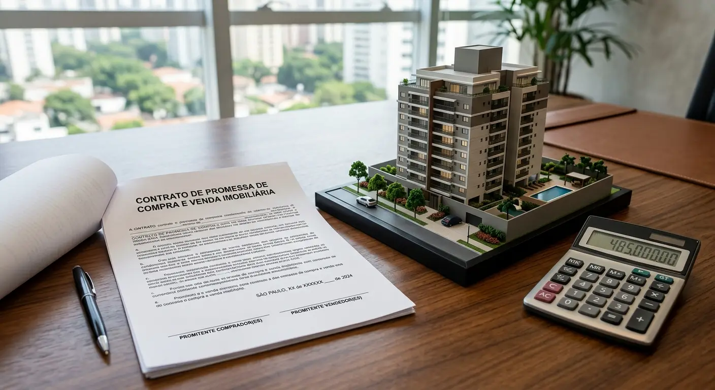 Contrato de promessa de compra e venda imobiliária sobre a mesa ao lado de maquete de edifício e calculadora