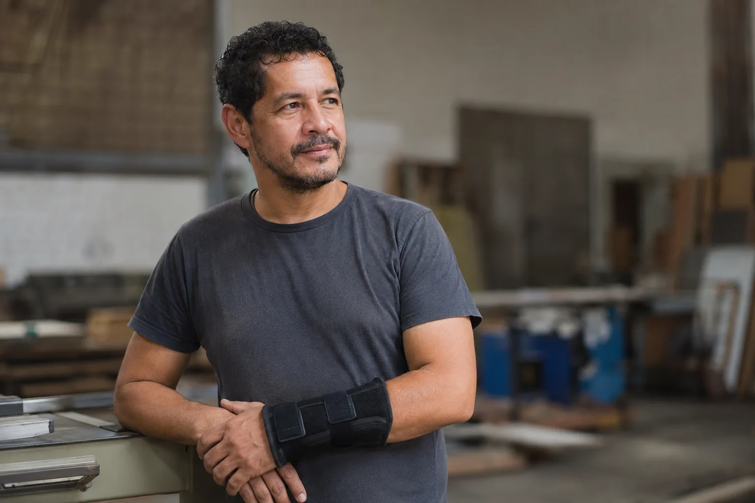 Trabalhador em ambiente industrial com órtese no punho, representando redução permanente da capacidade laboral e o auxílio-acidente no INSS.