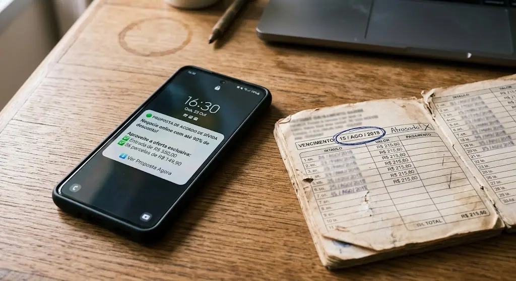 Celular sobre a mesa exibindo notificação de proposta de acordo de dívida, ao lado de um carnê antigo com a data de vencimento circulada a caneta