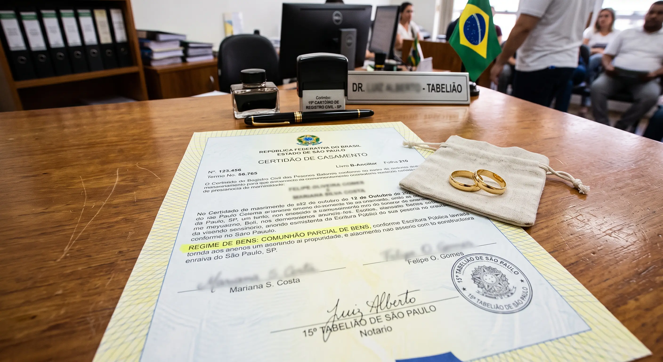 Certidão de casamento sobre a mesa de um cartório, com duas alianças ao lado e a linha do regime de bens destacada