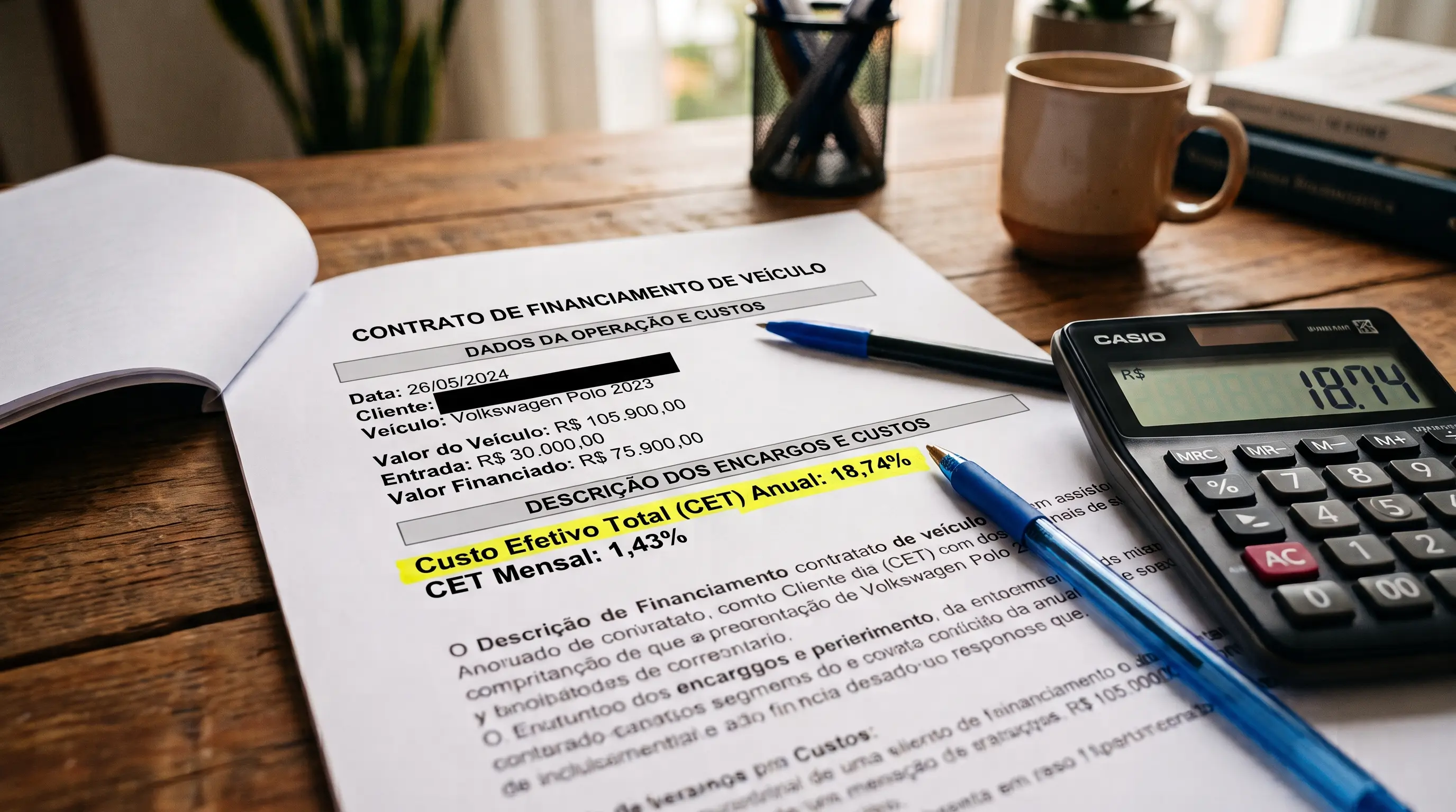 Contrato de financiamento de veículo aberto sobre a mesa ao lado de uma calculadora, com a linha do Custo Efetivo Total destacada em marca-texto