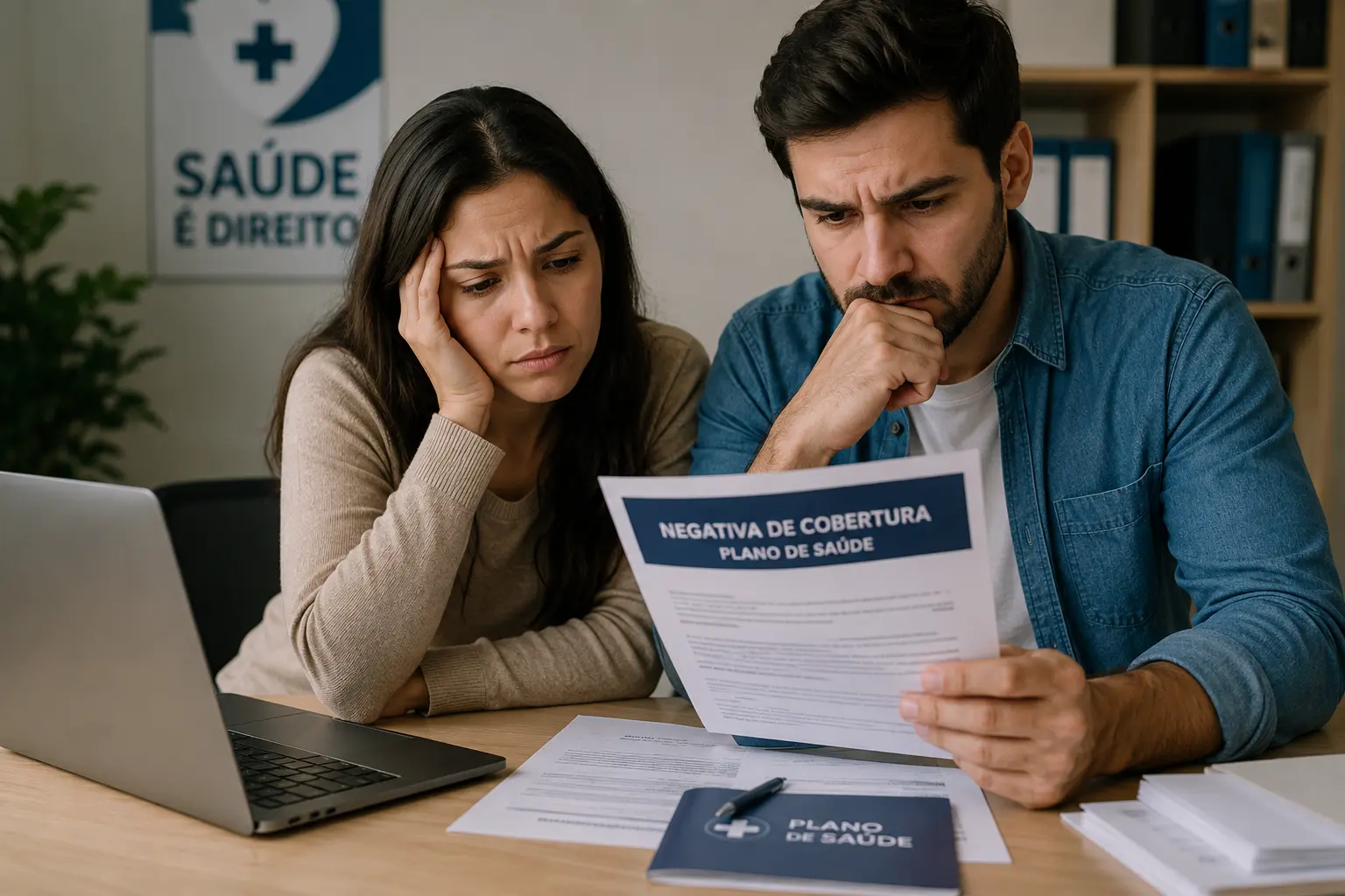 Casal analisa documento de negativa de cobertura de plano de saúde ao lado de computador e papéis, representando a contestação de exame, cirurgia ou tratamento recusado pela operadora.