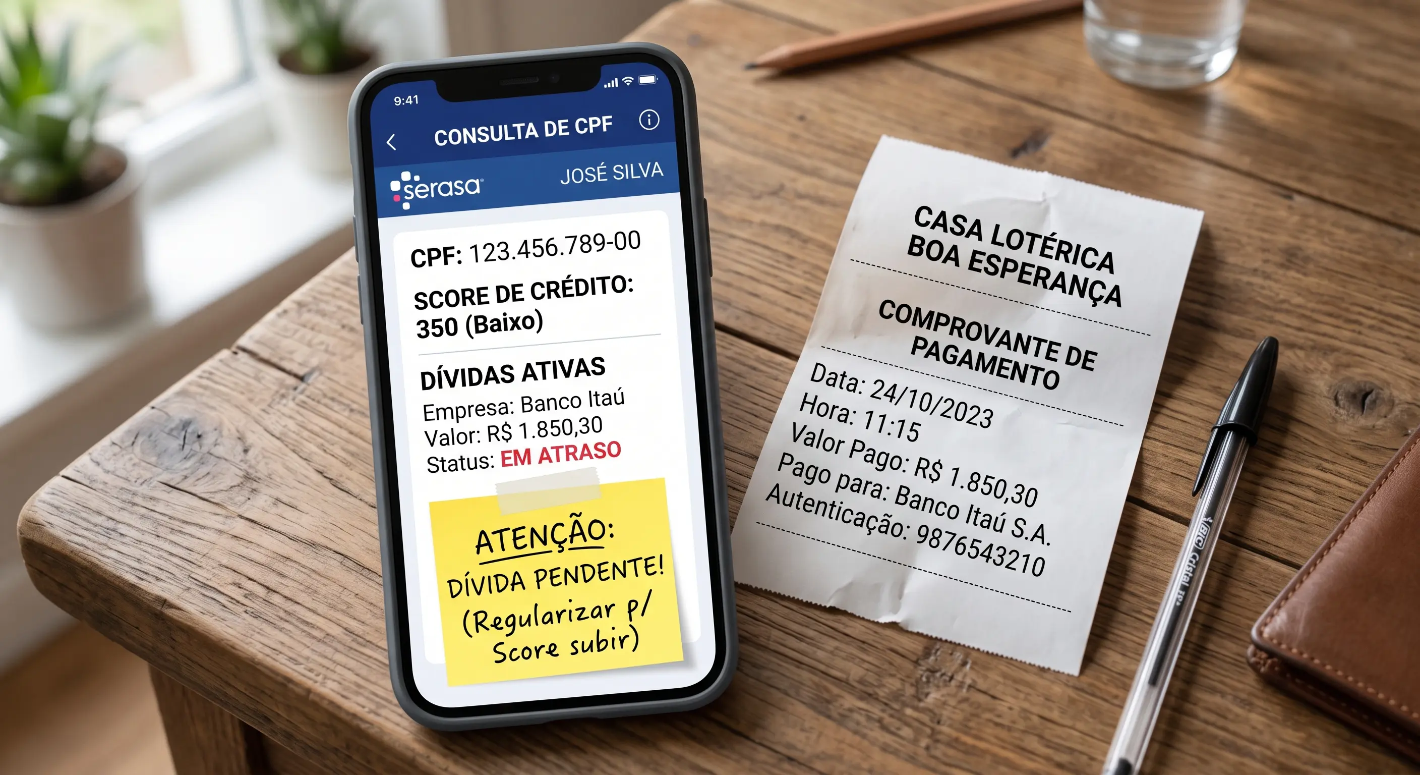 Tela de celular exibindo consulta de CPF em cadastro de proteção ao crédito com uma anotação em destaque, ao lado de um comprovante de pagamento impresso