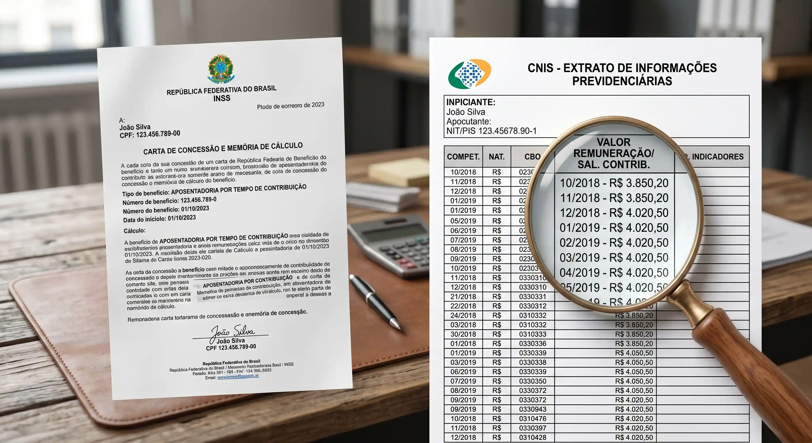 Carta de concessão do INSS e extrato do CNIS lado a lado sobre a mesa, com uma lupa destacando a coluna de salários de contribuição